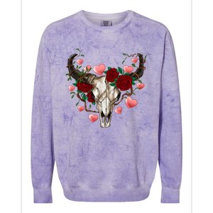 Boho Bull Skull Roses Heart Western Country Valentines Day Meaningful Gift Colorblast Crewneck Sweatshirt