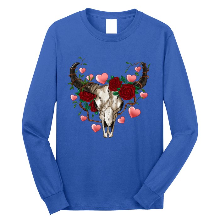 Boho Bull Skull Roses Heart Western Country Valentines Day Meaningful Gift Long Sleeve Shirt