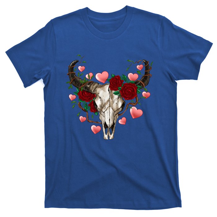 Boho Bull Skull Roses Heart Western Country Valentines Day Meaningful Gift T-Shirt