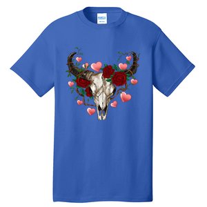 Boho Bull Skull Roses Heart Western Country Valentines Day Meaningful Gift Tall T-Shirt