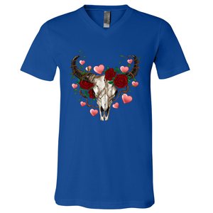 Boho Bull Skull Roses Heart Western Country Valentines Day Meaningful Gift V-Neck T-Shirt