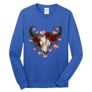 Boho Bull Skull Roses Heart Western Country Valentines Day Meaningful Gift Tall Long Sleeve T-Shirt