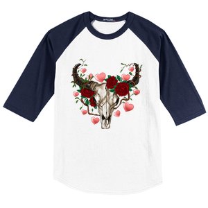 Boho Bull Skull Roses Heart Western Country Valentines Day Meaningful Gift Baseball Sleeve Shirt