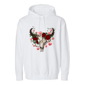 Boho Bull Skull Roses Heart Western Country Valentines Day Meaningful Gift Garment-Dyed Fleece Hoodie