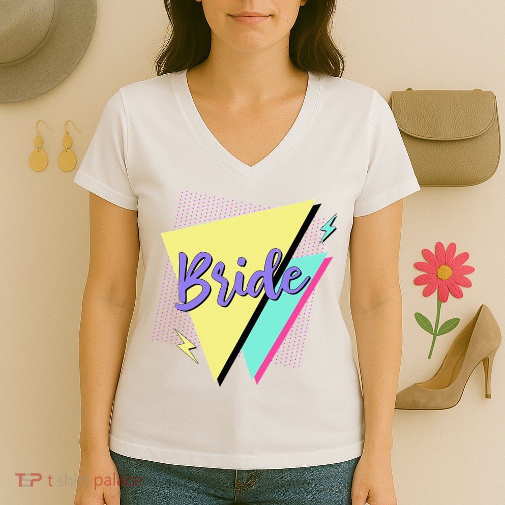 Bride & Bride Squad Retro 90’s Bachelorette Party Matching Women's V-Neck T-Shirt