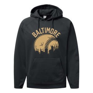 Baltimore Baseball Skyline Maryland Player Coach Fan Performance Fleece Hoodie