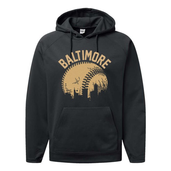 Baltimore Baseball Skyline Maryland Player Coach Fan Performance Fleece Hoodie