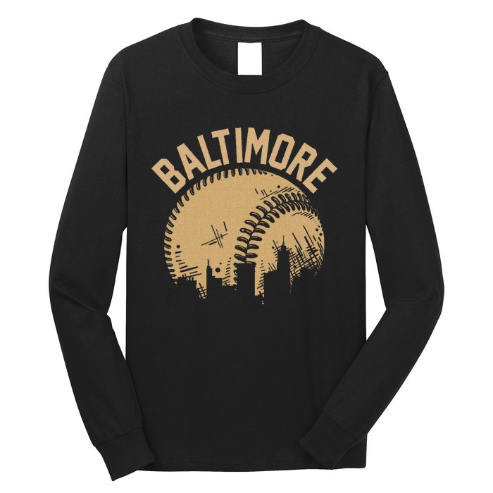 Baltimore Baseball Skyline Maryland Player Coach Fan Long Sleeve Shirt