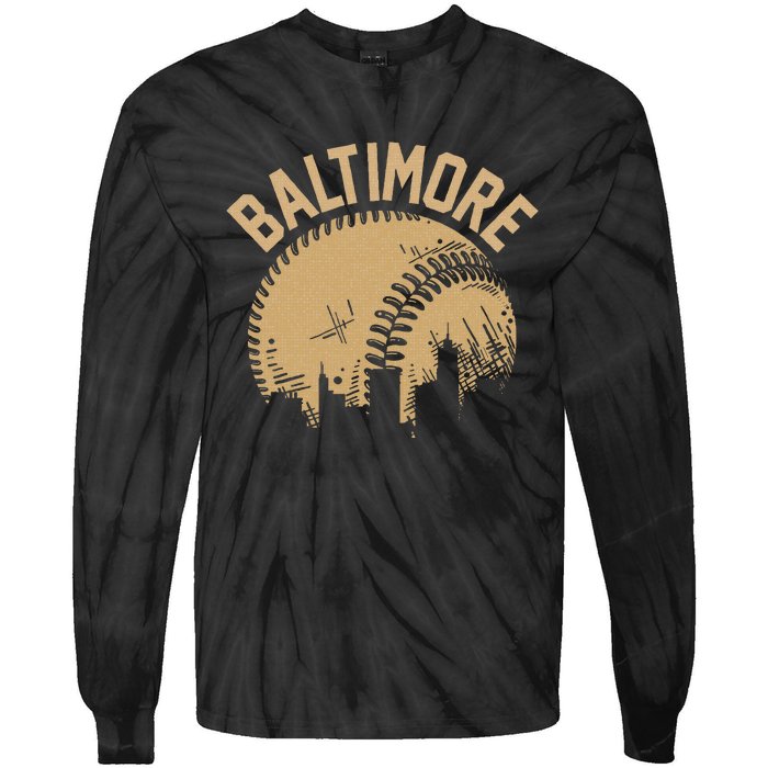 Baltimore Baseball Skyline Maryland Player Coach Fan Tie-Dye Long Sleeve Shirt