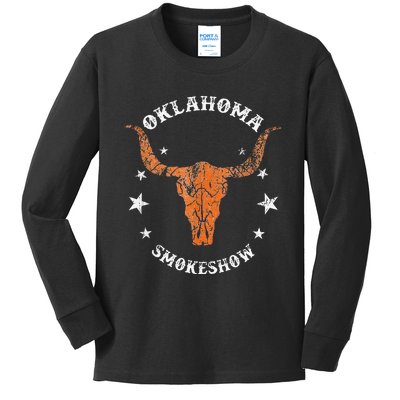 Boho Bull Skull Cow Oklahoma Smokeshow Western Country Kids Long Sleeve Shirt