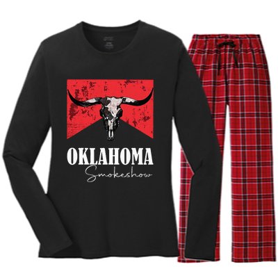 Boho Bull Skull Cow Oklahoma Smokeshow Western Country Women's Long Sleeve Flannel Pajama Set 