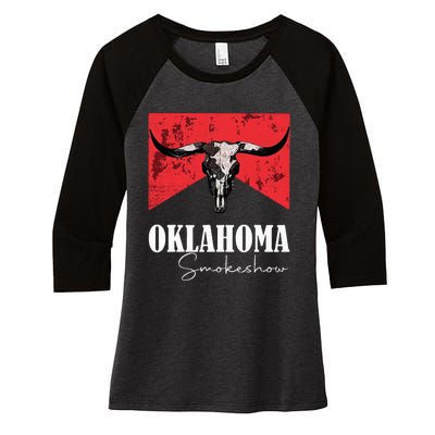 Boho Bull Skull Cow Oklahoma Smokeshow Western Country Women's Tri-Blend 3/4-Sleeve Raglan Shirt