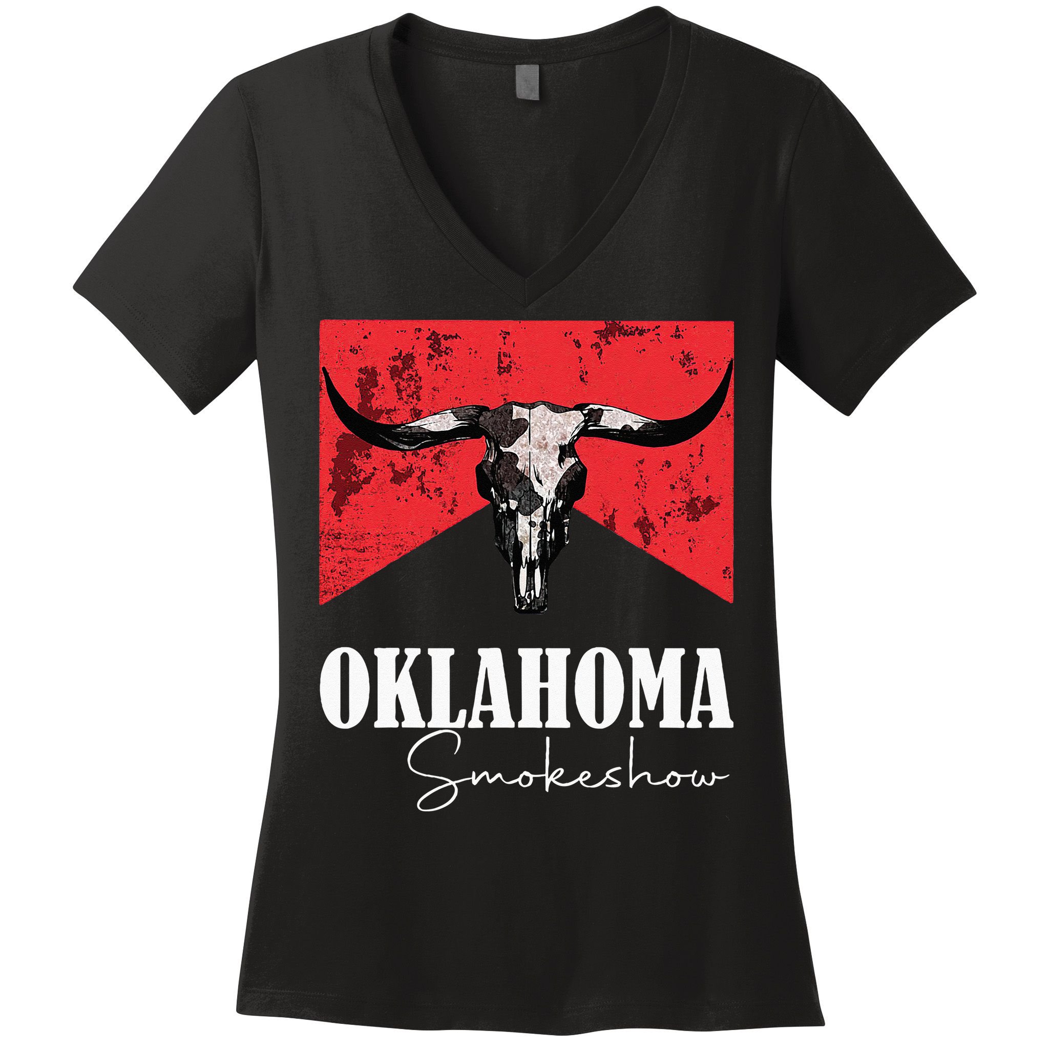 Boho Bull Skull Cow Oklahoma Smokeshow Western Country Women's V-Neck T-Shirt