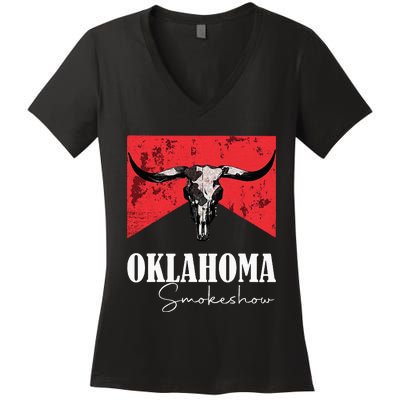 Boho Bull Skull Cow Oklahoma Smokeshow Western Country Women's V-Neck T-Shirt