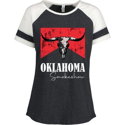 Boho Bull Skull Cow Oklahoma Smokeshow Western Country Enza Ladies Jersey Colorblock Tee