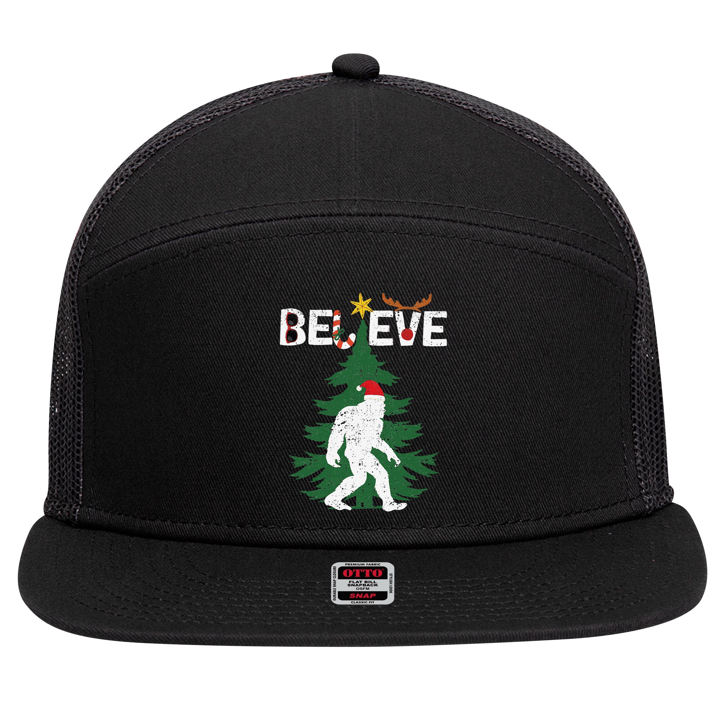 Believe Bigfoot Sasquatch Yeti Santa Hat Christmas Pajamas 7 Panel Mesh Trucker Snapback Hat