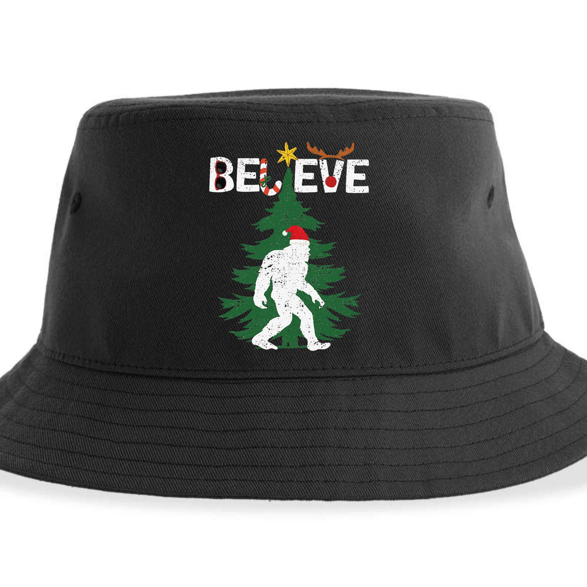 Believe Bigfoot Sasquatch Yeti Santa Hat Christmas Pajamas Sustainable Bucket Hat