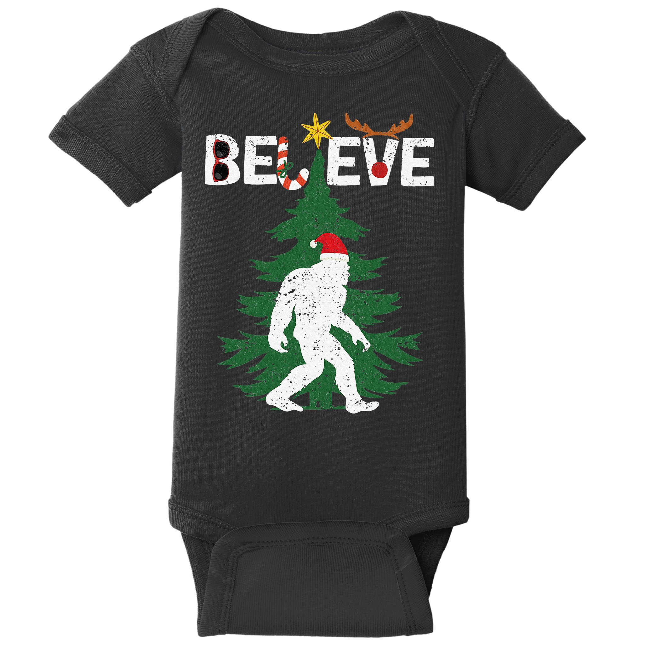 Believe Bigfoot Sasquatch Yeti Santa Hat Christmas Pajamas Baby Bodysuit