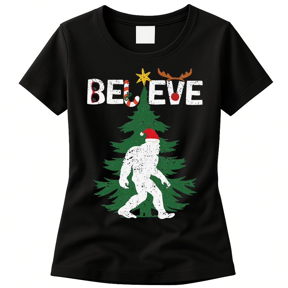 Believe Bigfoot Sasquatch Yeti Santa Hat Christmas Pajamas Womens T-Shirt