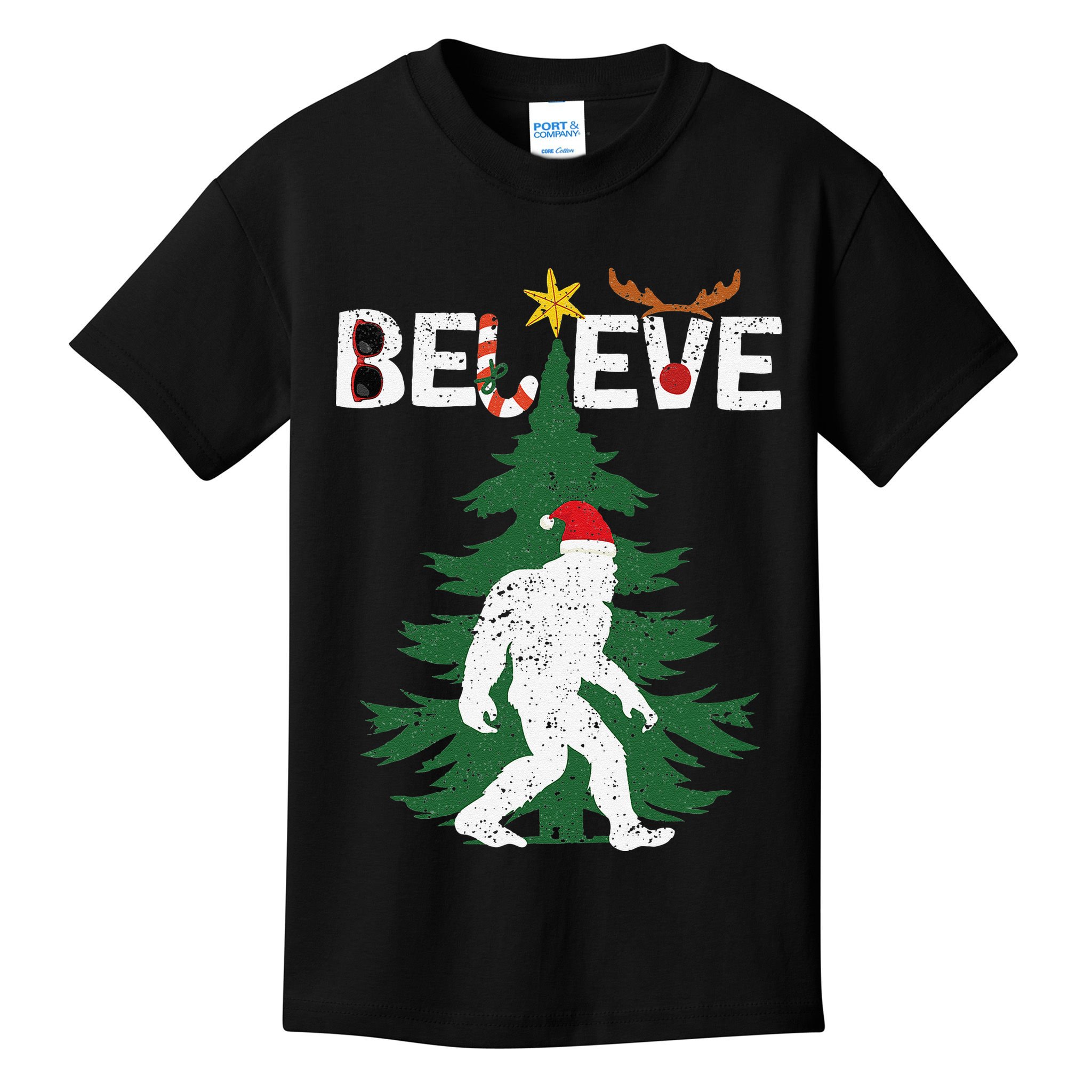 Believe Bigfoot Sasquatch Yeti Santa Hat Christmas Pajamas Kids T-Shirt