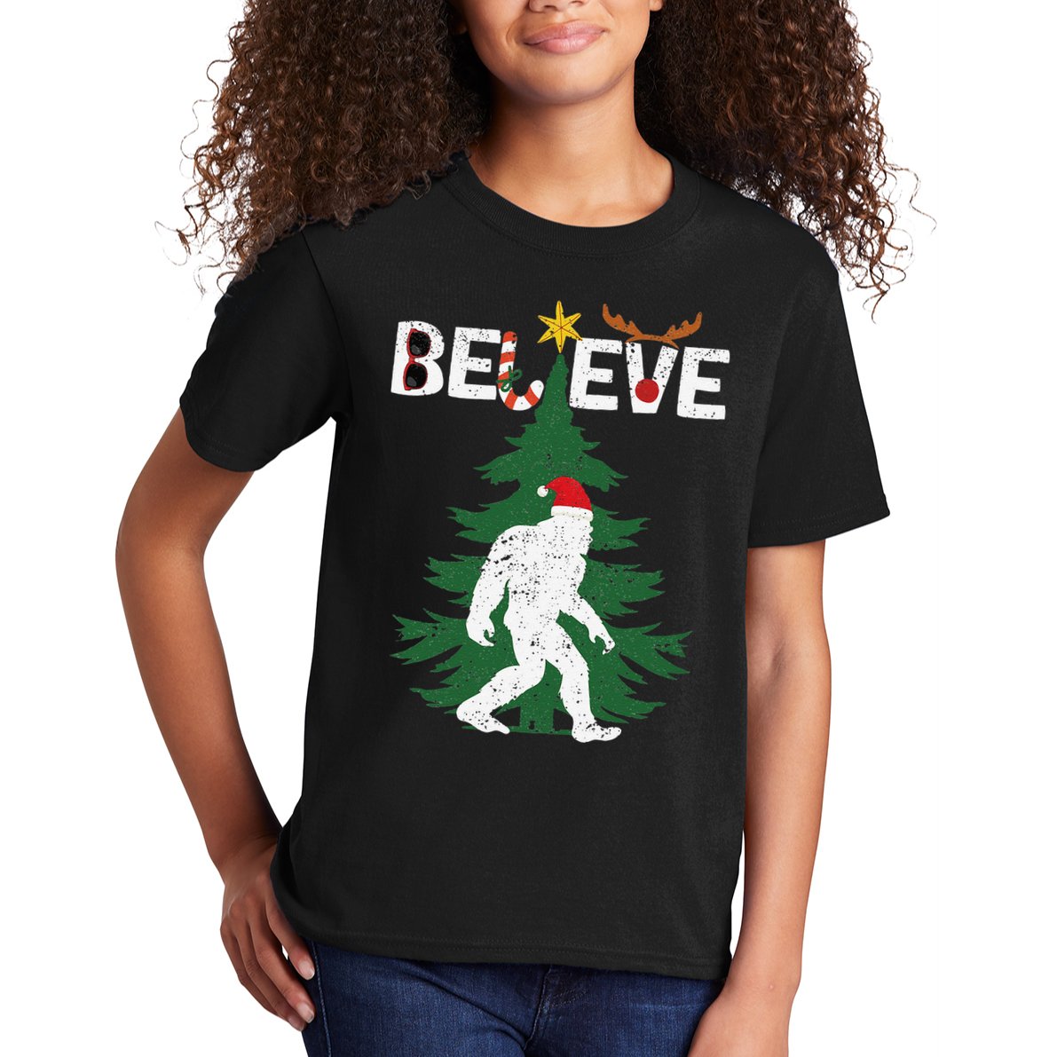 Believe Bigfoot Sasquatch Yeti Santa Hat Christmas Pajamas Kids T-Shirt