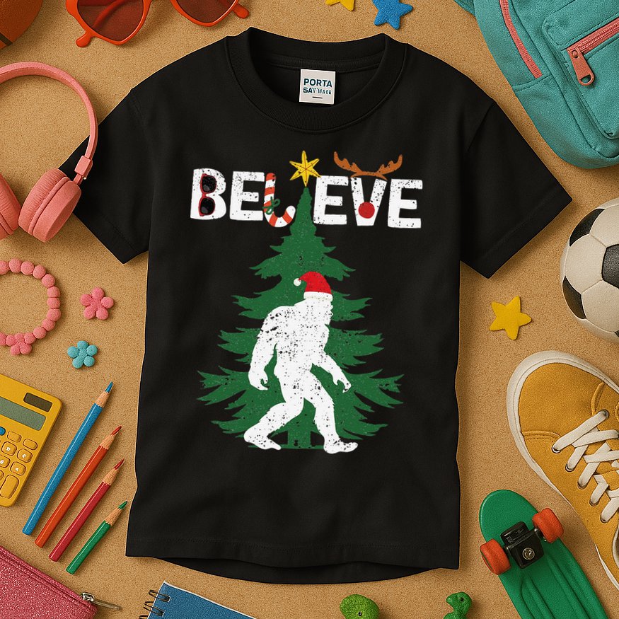 Believe Bigfoot Sasquatch Yeti Santa Hat Christmas Pajamas Kids T-Shirt