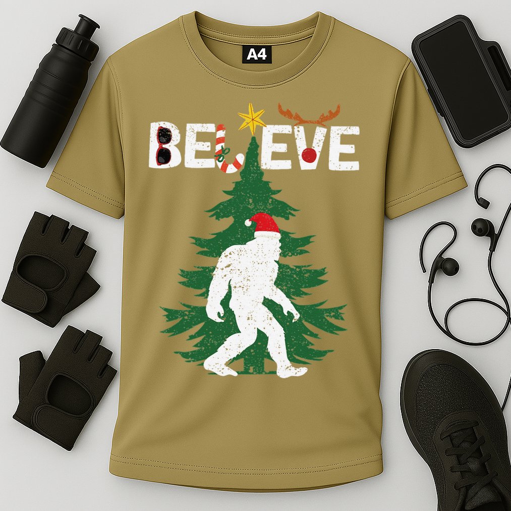 Believe Bigfoot Sasquatch Yeti Santa Hat Christmas Pajamas Cooling Performance Crew T-Shirt