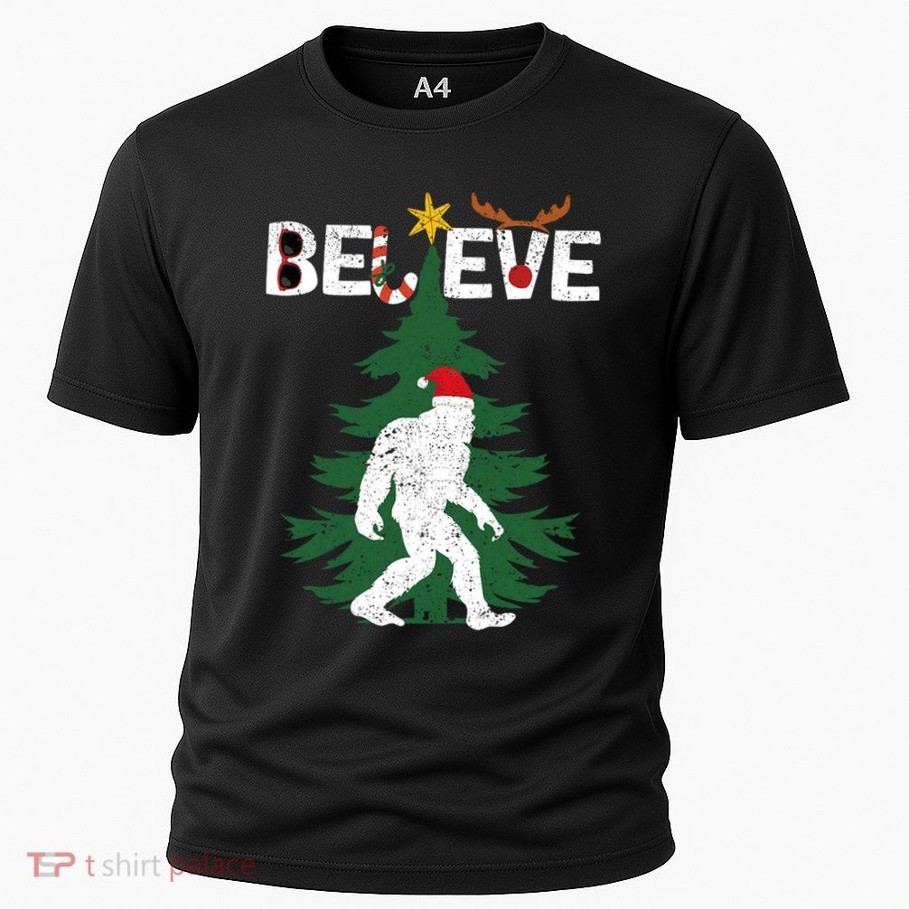 Believe Bigfoot Sasquatch Yeti Santa Hat Christmas Pajamas Cooling Performance Crew T-Shirt