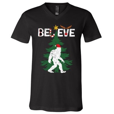 Believe Bigfoot Sasquatch Yeti Santa Hat Christmas Pajamas V-Neck T-Shirt