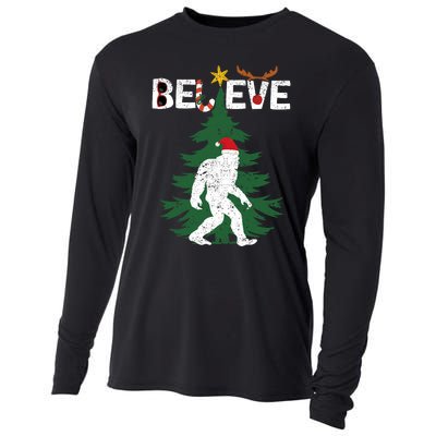 Believe Bigfoot Sasquatch Yeti Santa Hat Christmas Pajamas Cooling Performance Long Sleeve Crew