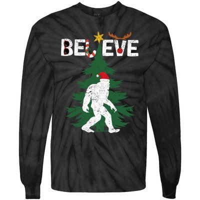 Believe Bigfoot Sasquatch Yeti Santa Hat Christmas Pajamas Tie-Dye Long Sleeve Shirt