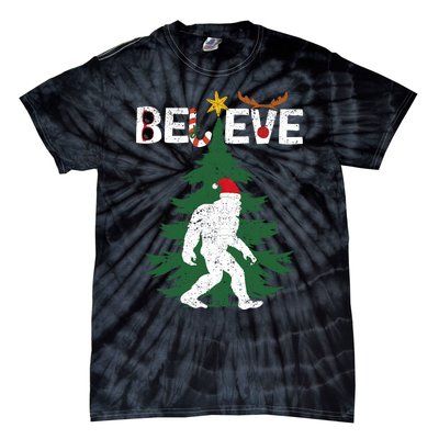 Believe Bigfoot Sasquatch Yeti Santa Hat Christmas Pajamas Tie-Dye T-Shirt