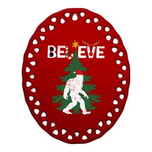 Believe Bigfoot Sasquatch Yeti Santa Hat Christmas Pajamas Ceramic Oval Ornament