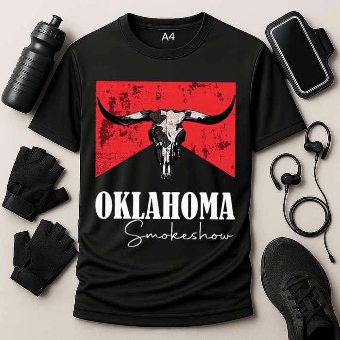 Boho Bull Skull Cow Oklahoma Smokeshow Western Country Cooling Performance Crew T-Shirt
