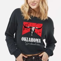 Boho Bull Skull Cow Oklahoma Smokeshow Western Country Cropped Pullover Crew