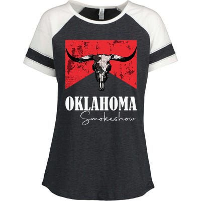 Boho Bull Skull Cow Oklahoma Smokeshow Western Country Enza Ladies Jersey Colorblock Tee