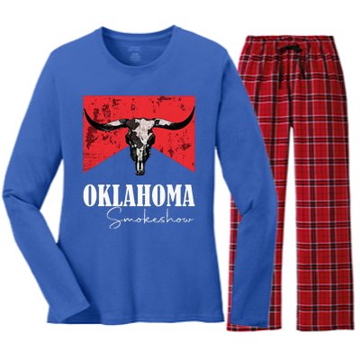 Boho Bull Skull Cow Oklahoma Smokeshow Western Country Women's Long Sleeve Flannel Pajama Set 