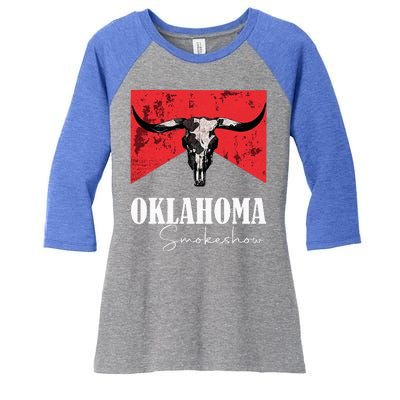 Boho Bull Skull Cow Oklahoma Smokeshow Western Country Women's Tri-Blend 3/4-Sleeve Raglan Shirt