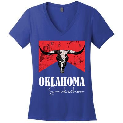 Boho Bull Skull Cow Oklahoma Smokeshow Western Country Women's V-Neck T-Shirt