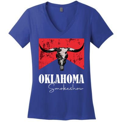 Boho Bull Skull Cow Oklahoma Smokeshow Western Country Women's V-Neck T-Shirt