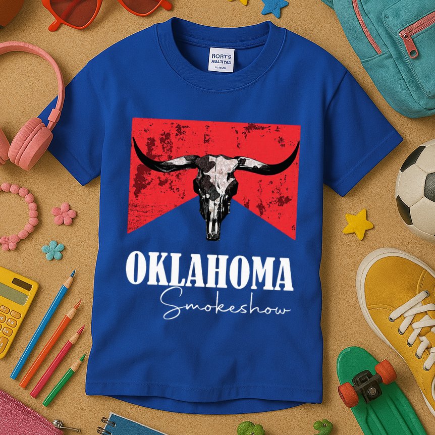 Boho Bull Skull Cow Oklahoma Smokeshow Western Country Kids T-Shirt