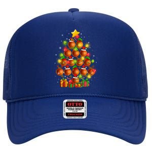 Basketball Balls Santa Claus And Elf Hat Christmas Tree Lights Gift High Crown Mesh Back Trucker Hat