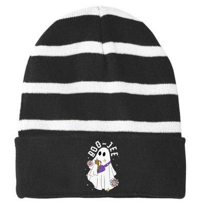 Boujee BooJee Spooky Season Cute Ghost Halloween Costume Striped Beanie with Solid Band