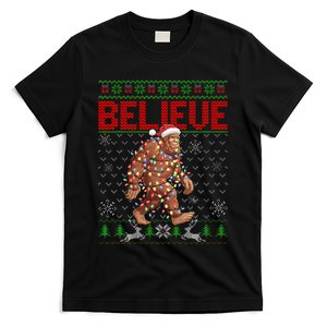 Believe Bigfoot Santa Ugly Christmas Tree Lights Sasquatch T-Shirt