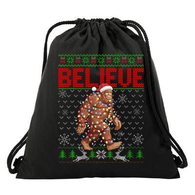 Believe Bigfoot Santa Ugly Christmas Tree Lights Sasquatch Drawstring Bag