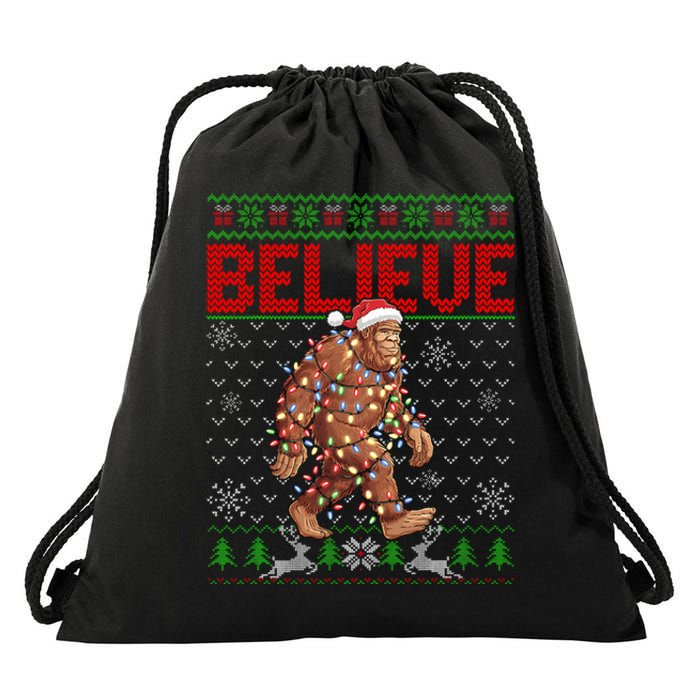 Believe Bigfoot Santa Ugly Christmas Tree Lights Sasquatch Drawstring Bag