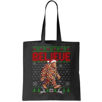 Believe Bigfoot Santa Ugly Christmas Tree Lights Sasquatch Tote Bag