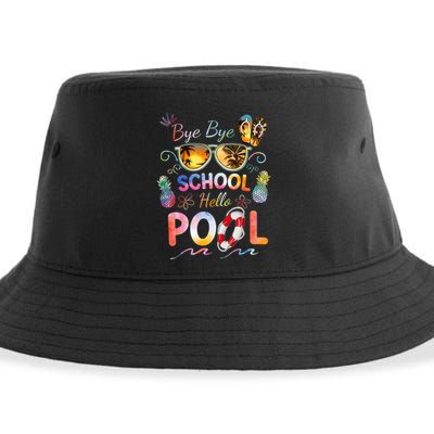 Bye Bye School Hello Pool Funny Summer Vacation Pool School Sustainable Bucket Hat
