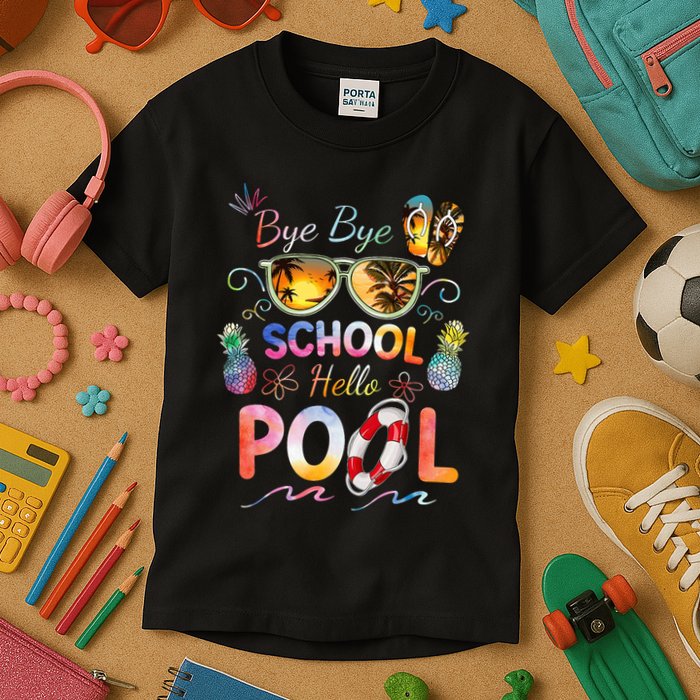 Bye Bye School Hello Pool Funny Summer Vacation Pool School Kids T-Shirt