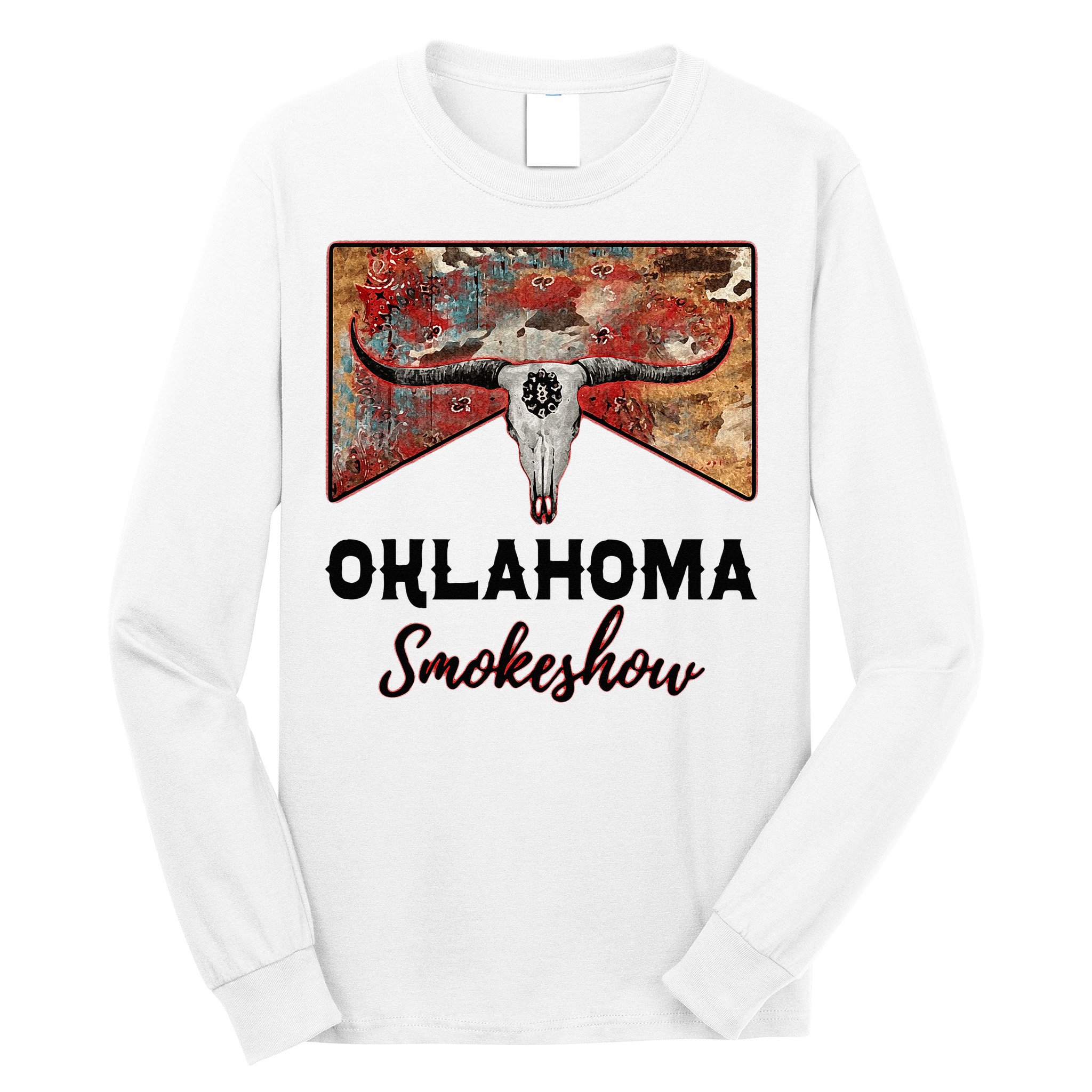 Boho Bull Skull Cow Print Oklahoma Smokeshow Western Country Long Sleeve Shirt